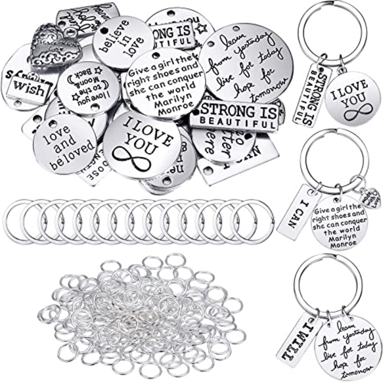 259 Pieces Inspirational Motivational Keychains Charms Bulk Inspirational Words Charms with Open Jump Key Rings for Various DIY Necklaces, Bracelets